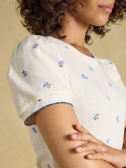 Joules Nina Cream/Blue Ditsy Short Puff Sleeve Pointelle Top - Image 6 of 7