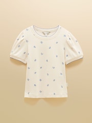 Joules Nina Cream/Blue Ditsy Short Puff Sleeve Pointelle Top - Image 7 of 7