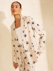 Love & Roses Cream Linen Black Floral Pinstripe Printed Blazer - Image 1 of 4