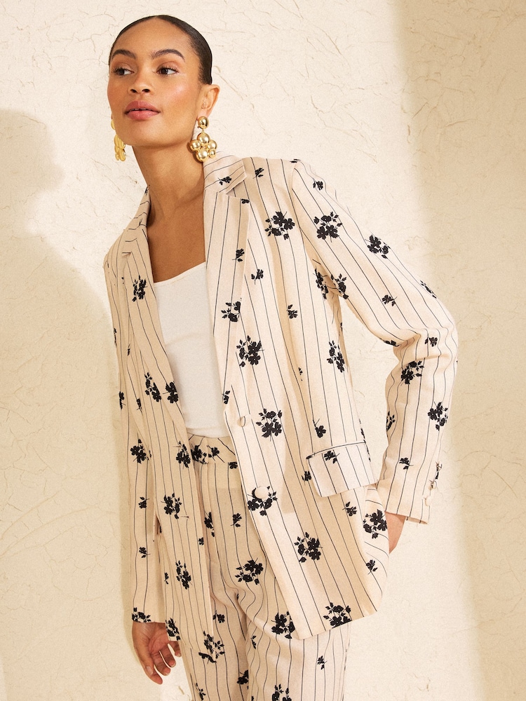 Love & Roses Cream Linen Black Floral Pinstripe Printed Blazer - Image 1 of 4