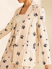 Love & Roses Cream Linen Black Floral Pinstripe Printed Blazer - Image 2 of 4