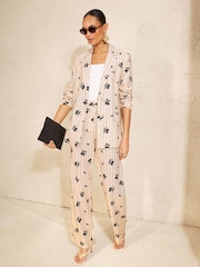 Love & Roses Cream Linen Black Floral Pinstripe Printed Blazer - Image 3 of 4