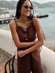 Love & Roses Chocolate Brown Linen Look Scallop Pocket Waistcoat - Image 5 of 8