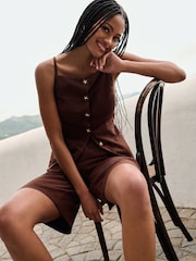 Love & Roses Chocolate Brown Linen Look Scallop Pocket Waistcoat - Image 7 of 8