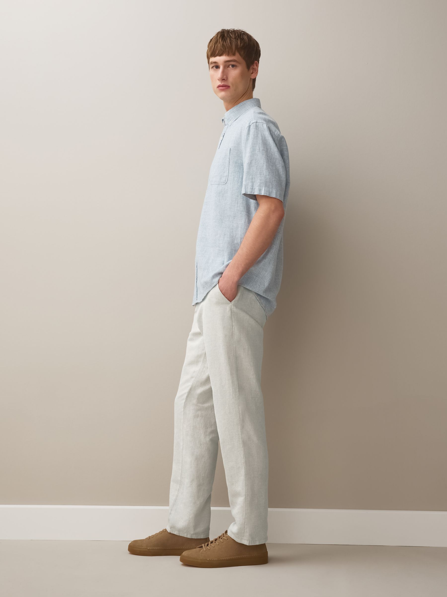 Buy Stone Slim Fit Cotton Linen Blend Twill Chino Trousers from