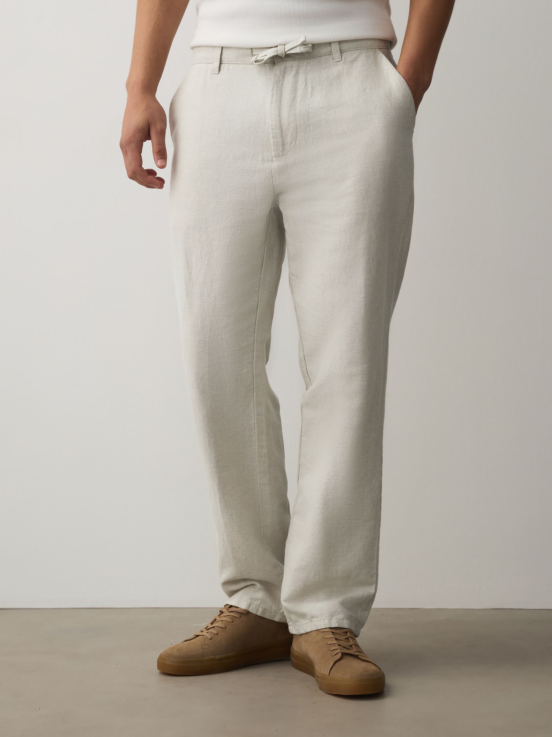 Buy Stone Straight Fit Cotton Linen Blend Twill Chino Trousers