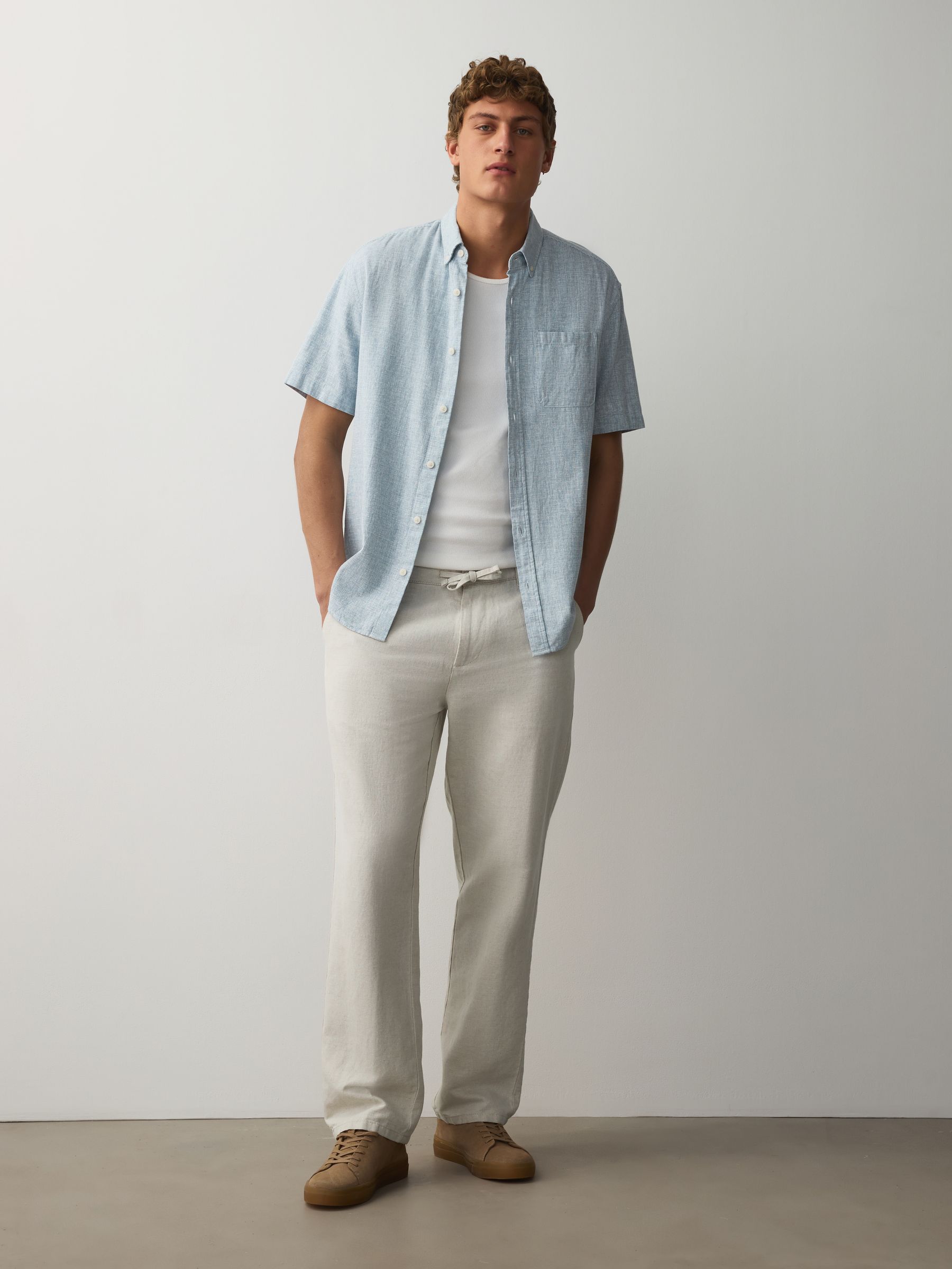 Buy Stone Straight Fit Cotton Linen Blend Twill Chino Trousers