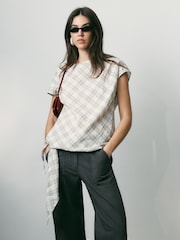BHOEM Ecru/Grey Check Short Sleeve Blouse with Tie Detail Hem - Image 1 of 5