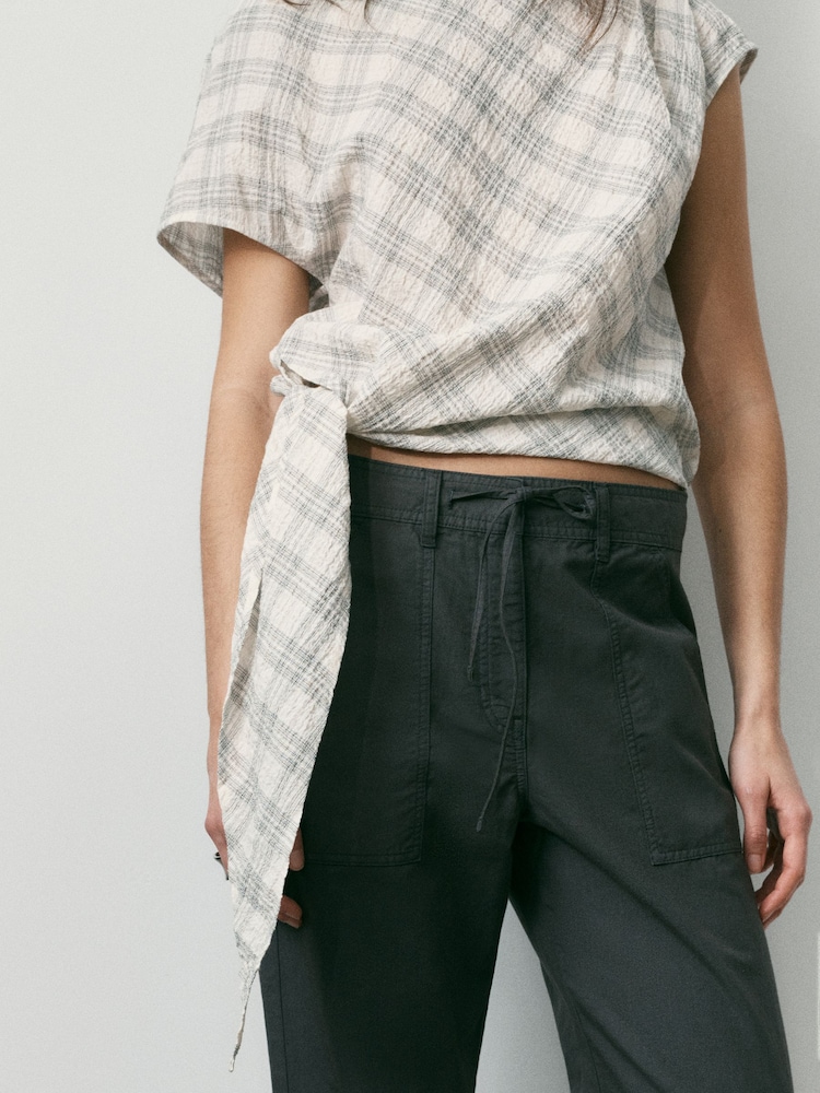 BHOEM Ecru/Grey Check Short Sleeve Blouse with Tie Detail Hem - Image 2 of 5