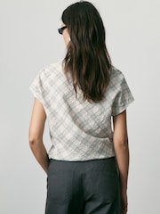 BHOEM Ecru/Grey Check Short Sleeve Blouse with Tie Detail Hem - Image 3 of 5