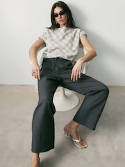 BHOEM Ecru/Grey Check Short Sleeve Blouse with Tie Detail Hem - Image 4 of 5