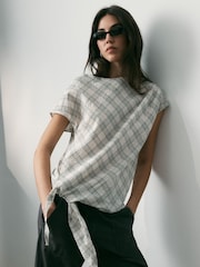 BHOEM Ecru/Grey Check Short Sleeve Blouse with Tie Detail Hem - Image 5 of 5