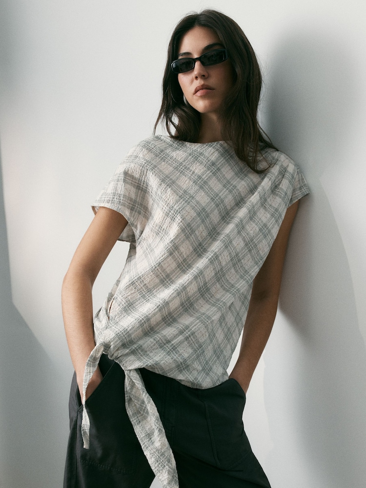 BHOEM Ecru/Grey Check Short Sleeve Blouse with Tie Detail Hem - Image 5 of 5