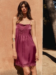 BHOEM Raspberry Pink Embroidered Lace Bodice Mini Satin Strappy Dress - Image 1 of 4