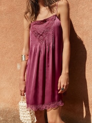 BHOEM Raspberry Pink Embroidered Lace Bodice Mini Satin Strappy Dress - Image 2 of 4