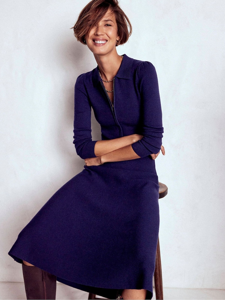 Boden Blue Fiona Zip Front Knitted Dress - Image 1 of 6 Boden Blue Fiona Zip Front Knitted Dress - Image 1 of 6