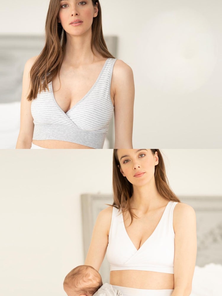 Seraphine Grey Stripe & White Maternity & Nursing Seamless Sleep Bras 2 Pack - Image 1 of 8 Seraphine Grey Stripe & White Maternity & Nursing Seamless Sleep Bras 2 Pack - Image 1 of 8