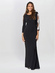 Gina Bacconi Suzie Embroidered Sleeve Maxi Black Dress - Imagen 1 de 6