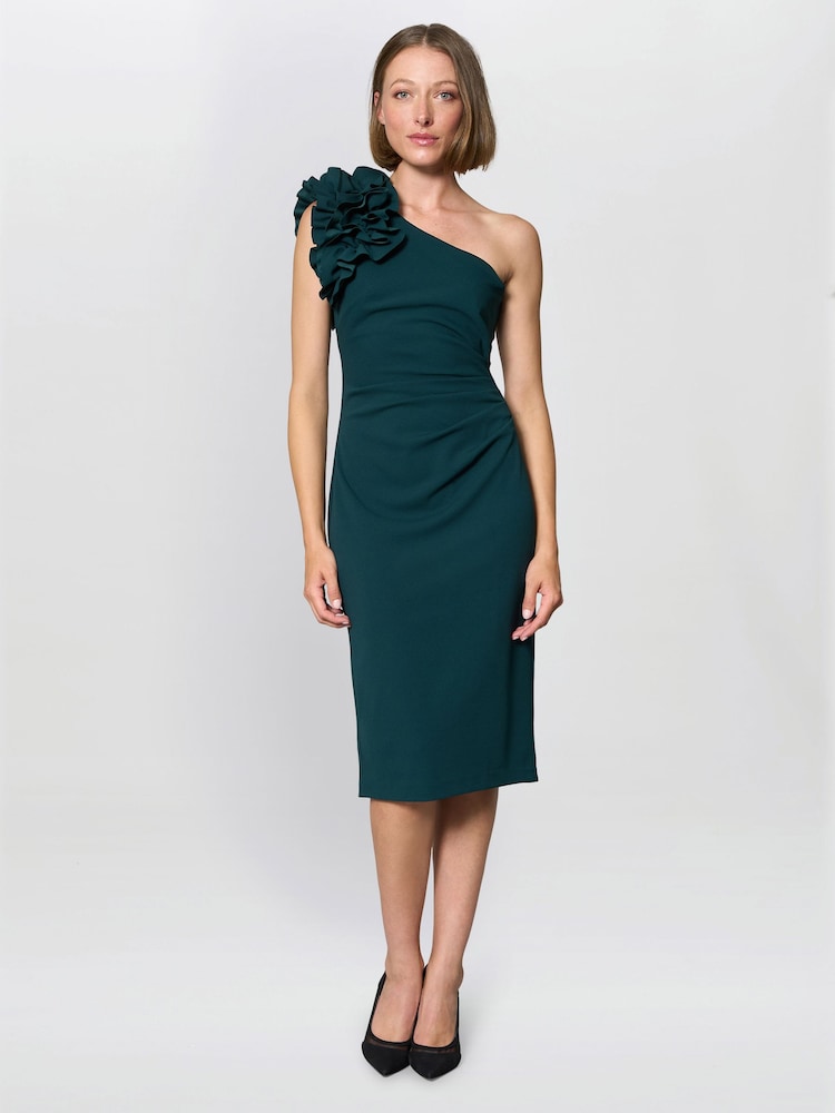 Gina Bacconi Green Kimberley One Shoulder Ruffle Dress - Image 1 of 5 Gina Bacconi Green Kimberley One Shoulder Ruffle Dress - Image 1 of 5