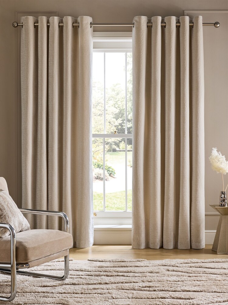 Ivory Natural Collection Luxe Heavyweight Velvet Blocks Eyelet Lined Curtains - Image 1 of 5