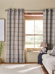 Natural/Grey Woven Textured Windowpane Check Eyelet Lined Curtains - Image 2 of 5