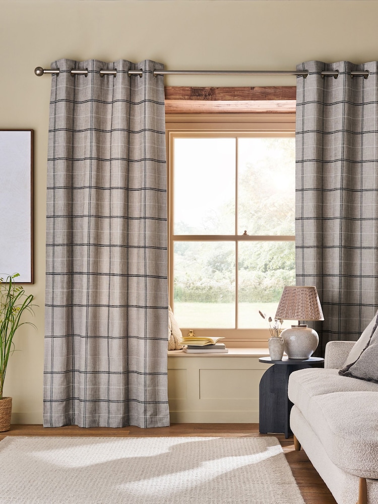 Natural/Grey Woven Textured Windowpane Check Eyelet Lined Curtains - Image 2 of 5 Natural/Grey Woven Textured Windowpane Check Eyelet Lined Curtains - Image 2 of 5