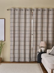 Natural/Grey Woven Textured Windowpane Check Eyelet Lined Curtains - Image 3 of 5
