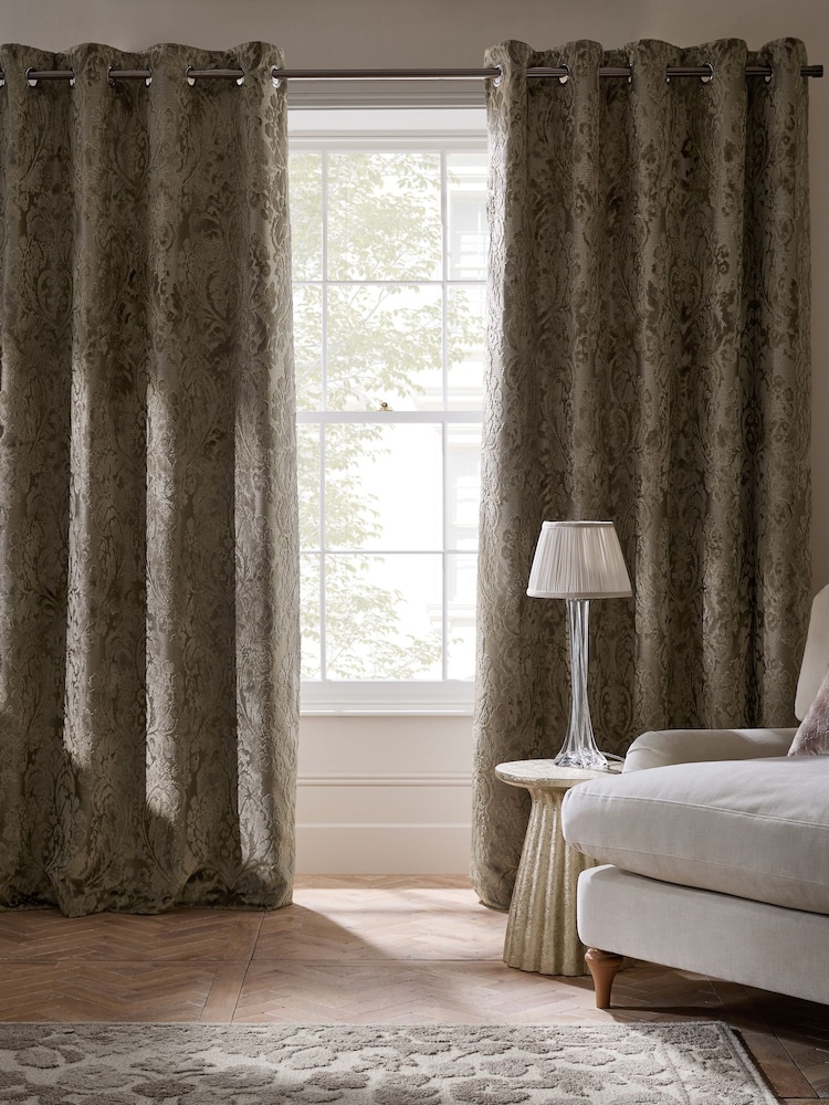 Champagne Gold Collection Luxe Heavyweight Velvet Damask Eyelet Lined Curtains - Image 2 of 8 Champagne Gold Collection Luxe Heavyweight Velvet Damask Eyelet Lined Curtains - Image 2 of 8