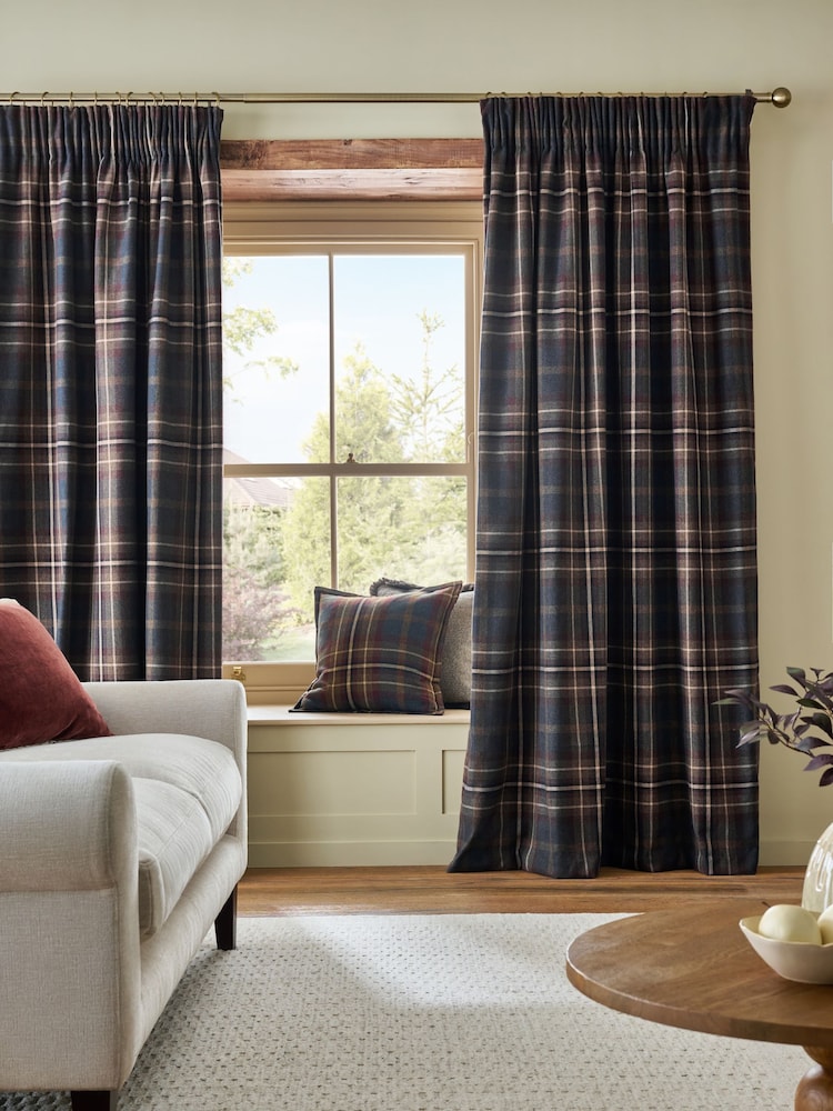 Heritage Brushed Check Pencil Pleat Lined Curtains - Image 2 of 5 Heritage Brushed Check Pencil Pleat Lined Curtains - Image 2 of 5