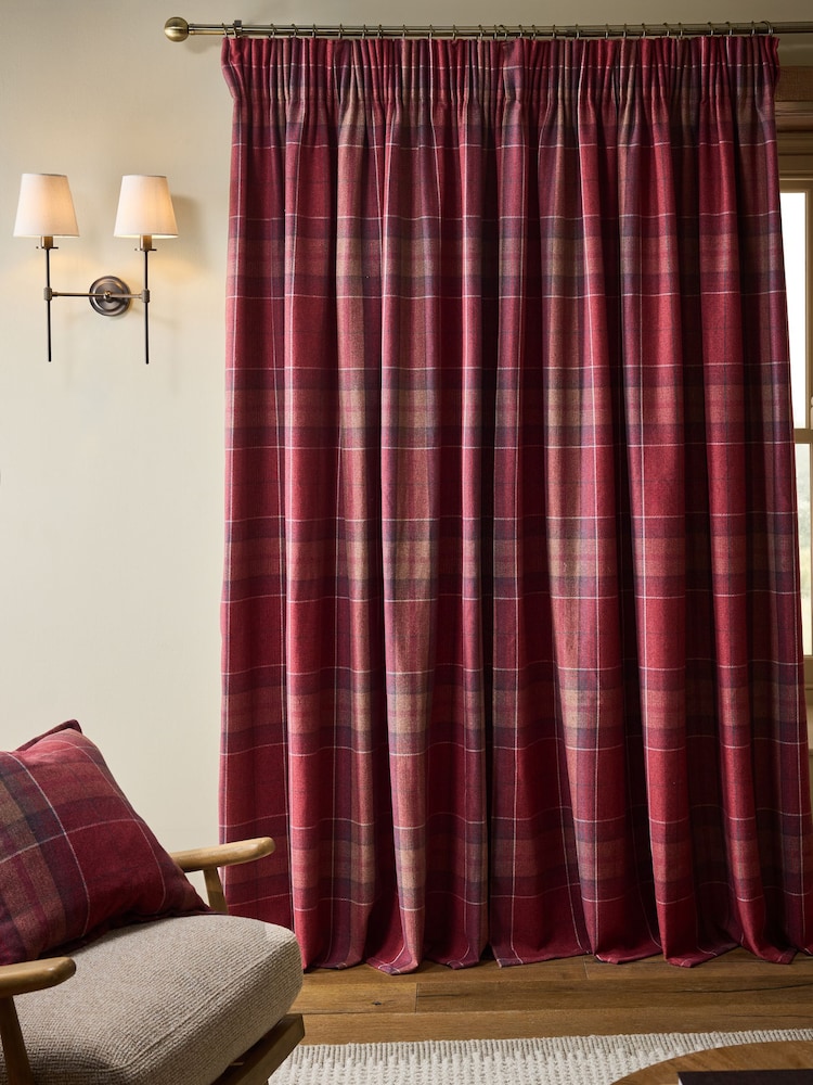 Red Brushed Check Pencil Pleat Lined Curtains - Image 2 of 4 Red Brushed Check Pencil Pleat Lined Curtains - Image 2 of 4