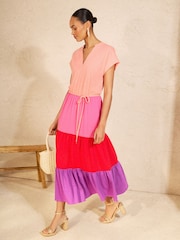 Love & Roses Orange Red and Lilac Tiered Notch Neck Jersey Midi Dress - Image 1 of 4