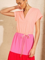 Love & Roses Orange Red and Lilac Tiered Notch Neck Jersey Midi Dress - Image 2 of 4