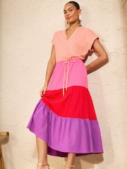 Love & Roses Orange Red and Lilac Tiered Notch Neck Jersey Midi Dress - Image 3 of 4