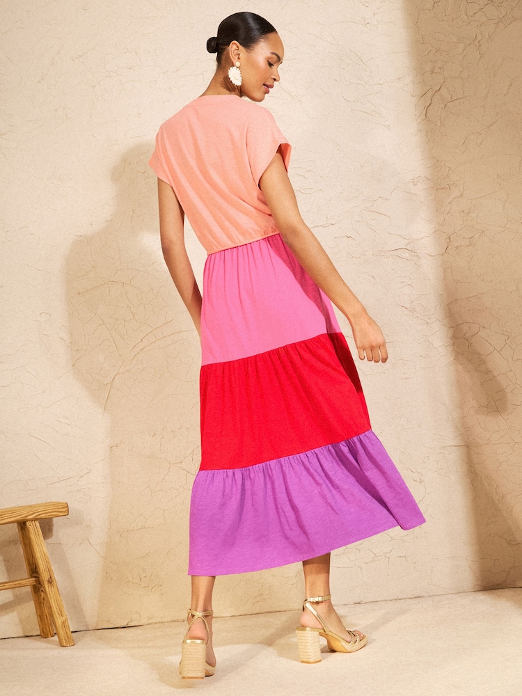 Love & Roses Orange Red and Lilac Tiered Notch Neck Jersey Midi Dress - Image 4 of 4