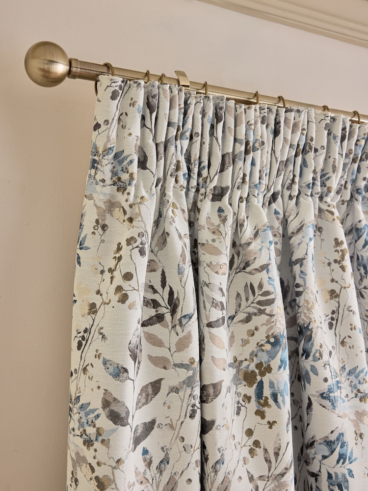 Blue/Brown Honesty Leaf Jacquard Pencil Pleat Lined Curtains - Image 1 of 4 Blue/Brown Honesty Leaf Jacquard Pencil Pleat Lined Curtains - Image 1 of 4