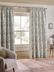 Blue/Brown Honesty Leaf Jacquard Pencil Pleat Lined Curtains - Image 2 of 4