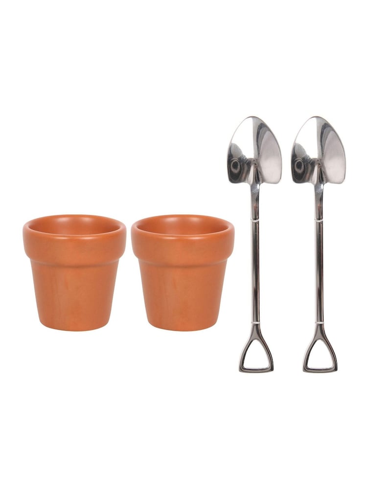 Something Different Brown Plant Pot Egg Cup Set with Shovel Spoons - Image 2 of 4 Something Different Brown Plant Pot Egg Cup Set with Shovel Spoons - Image 2 of 4