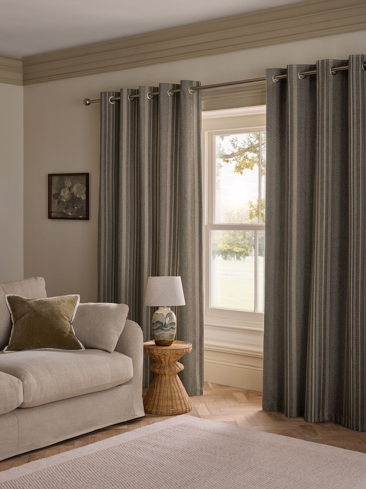 Natural/Green Brushed Woven Stripe Eyelet Lined Curtains - Image 2 of 4 Natural/Green Brushed Woven Stripe Eyelet Lined Curtains - Image 2 of 4