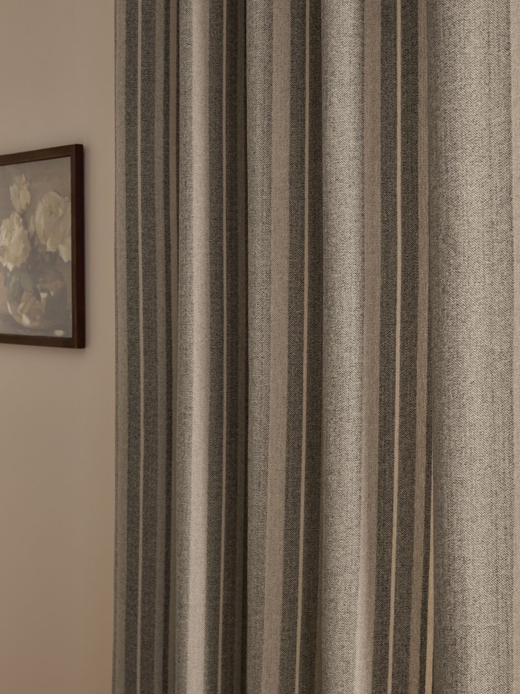 Natural/Green Brushed Woven Stripe Eyelet Lined Curtains - Image 4 of 4 Natural/Green Brushed Woven Stripe Eyelet Lined Curtains - Image 4 of 4