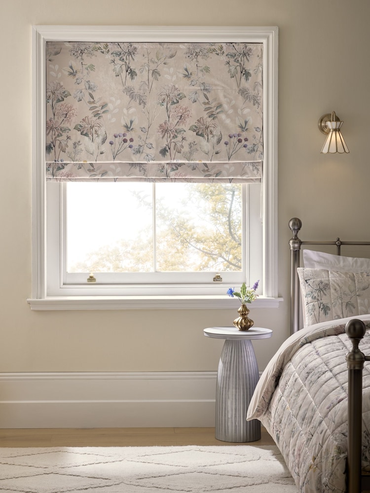 Natural Ready Made Blackout/Thermal Velvet Floral Print Roman Blind - Image 1 of 7 Natural Ready Made Blackout/Thermal Velvet Floral Print Roman Blind - Image 1 of 7