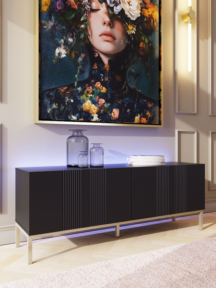 Frank Olsen Black Iona 4 Door Large TV Unit with Smart Feature - Image 1 of 8 Frank Olsen Black Iona 4 Door Large TV Unit with Smart Feature - Image 1 of 8