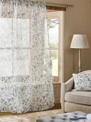 Natural/Blue Honesty Leaf Floral Print Slot Top Unlined Unlined Sheer Panel Voile Curtains - Image 1 of 3