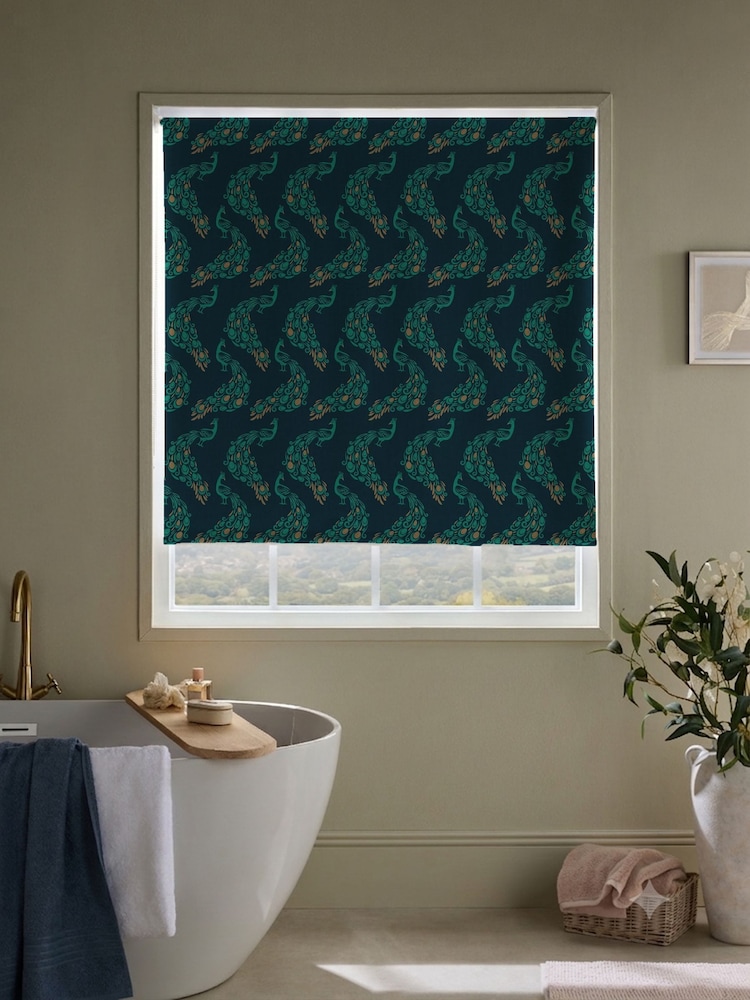 Blue Ready Made Blackout Bathroom Peacock Print Roller Blinds - Image 1 of 6 Blue Ready Made Blackout Bathroom Peacock Print Roller Blinds - Image 1 of 6