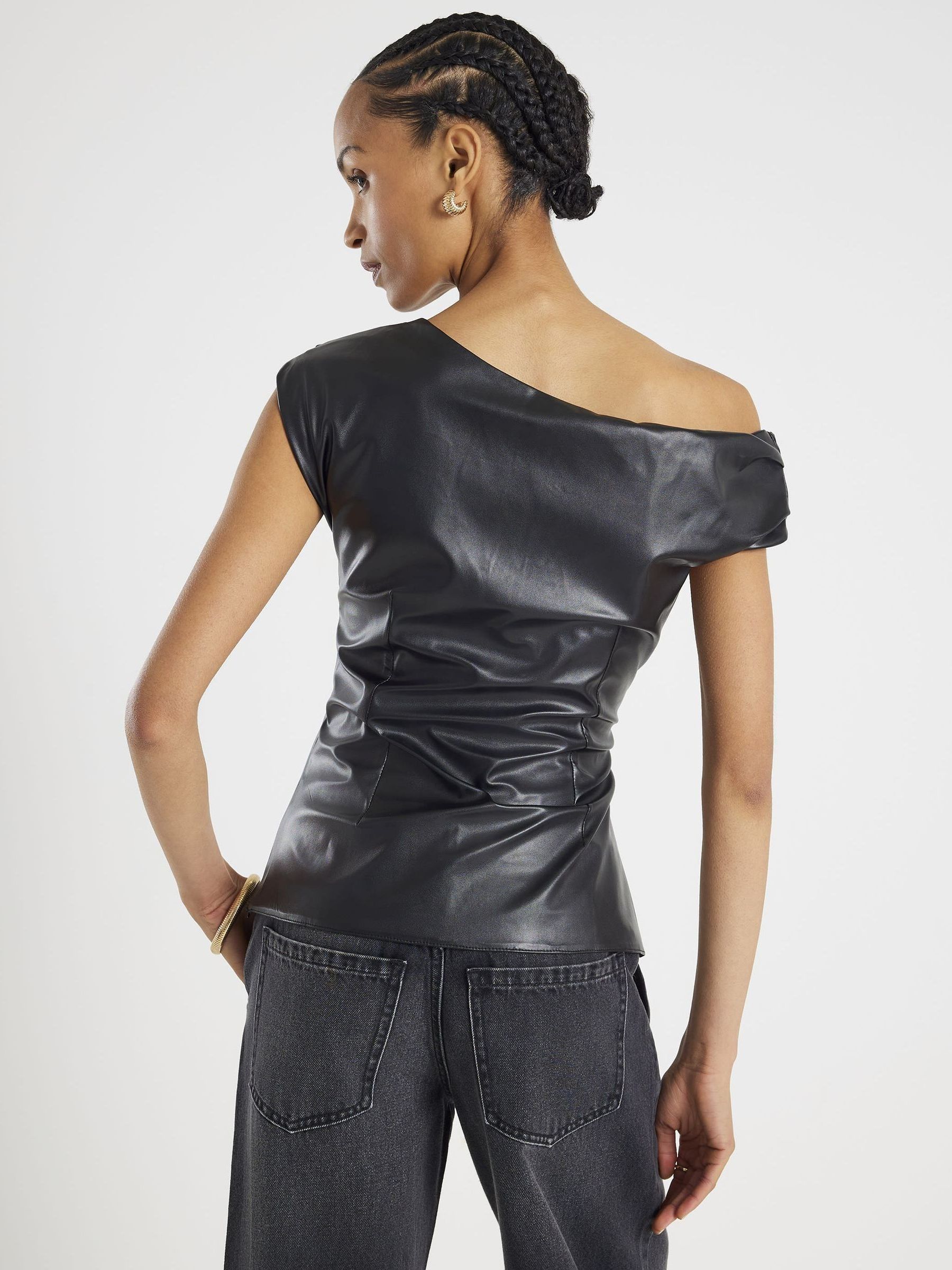 Buy River Island Black One Shoulder Faux Leather Drape Top from