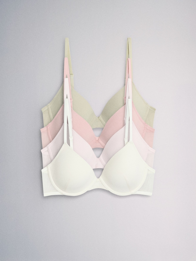 The Set 4 Pack Light Padded Cotton Plunge Bras Pastel Pink/ Khaki Green/ Cream - Image 1 of 7