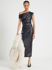 River Island Black One shoulder Drape Faux Leather Midi Dress - Image 1 of 4