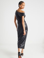 River Island Black One shoulder Drape Faux Leather Midi Dress - Image 2 of 4