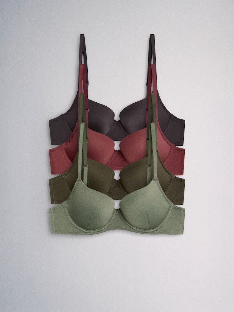 The Set 4 Pack Light Padded Microfibre Balcony Bras Black/Burghundy Red/Khaki Green - Image 1 of 7