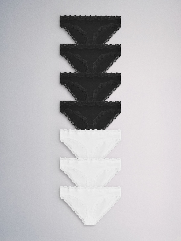 The Set Brazilian 7 Pack Cotton Lace Knickers Black/White - Image 2 of 10 The Set Brazilian 7 Pack Cotton Lace Knickers Black/White - Image 2 of 10