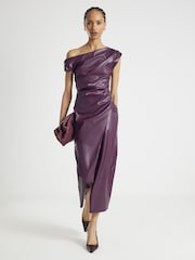 River Island Purple One shoulder Drape Faux Leather Midi Dress - Image 1 of 4
